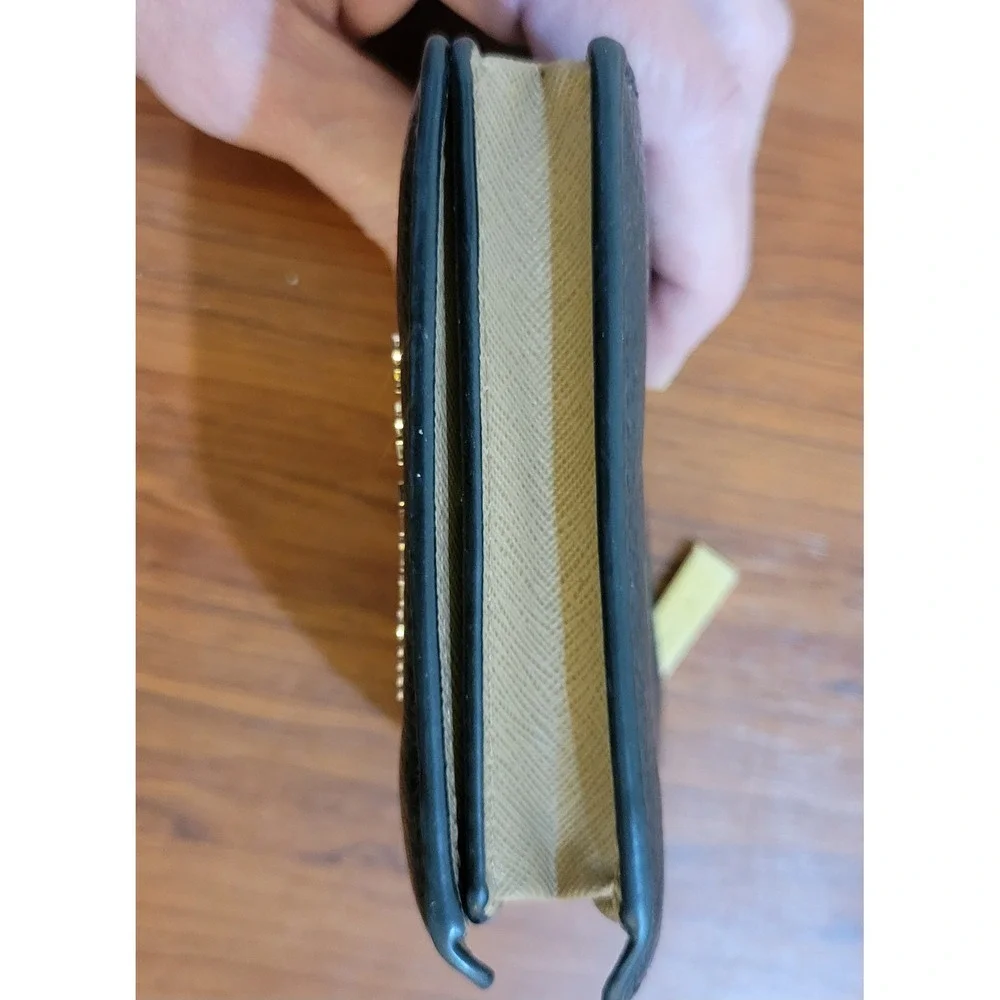 Michael Kors Black Pebbled Leather Bifold Compact Wallet Gold Logo Zipper Pocket
